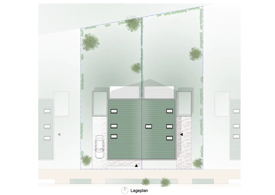Lageplan eines 20-Grad-Doppelhauses mit Gärten, Stellplätzen und begrüntem Grundstück.