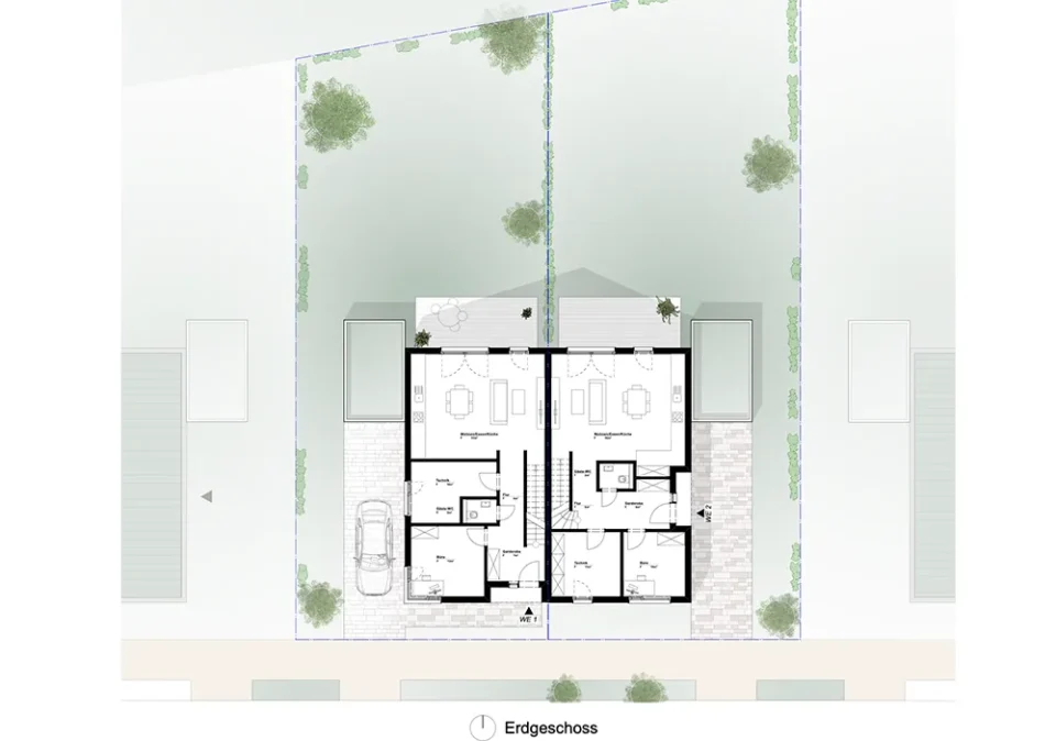 Erdgeschoss-Lageplan eines Doppelhauses mit Garten, Terrassen, Pool und zwei Wohneinheiten.