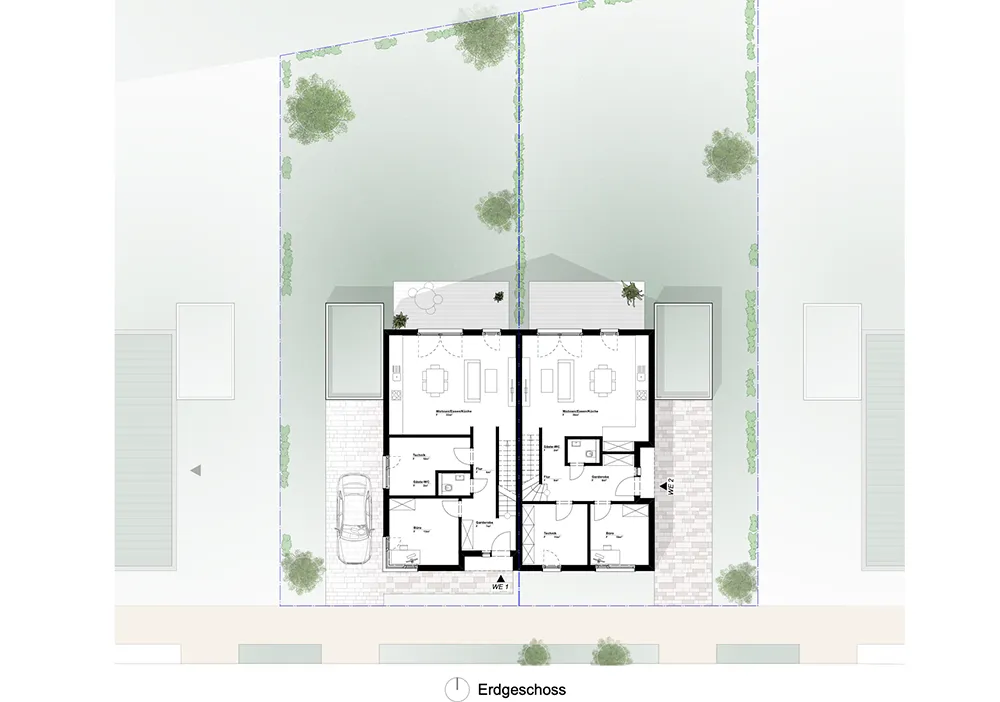 Erdgeschoss-Lageplan eines Doppelhauses mit Garten, Terrassen, Pool und zwei Wohneinheiten.