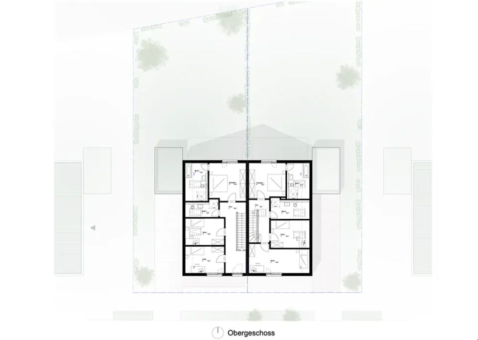 Obergeschoss-Grundriss des 20-Grad-Hauses mit Duplex-Wohnungen, Terrassen und Lageplan.