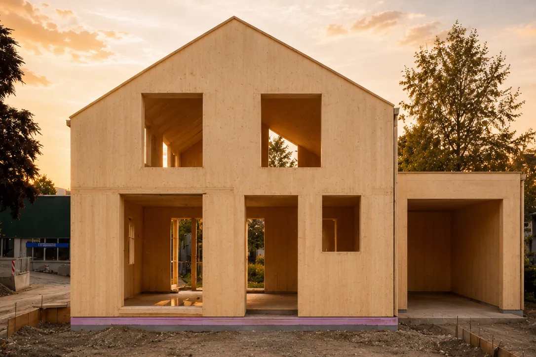 Modernes Holzhaus in Holzbauweise im Rohbau bei Sonnenuntergang.
