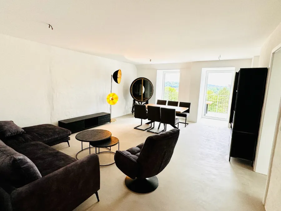 Modernes minimalistisches Wohnzimmer mit Essbereich, dunklem Sofa, Designermöbeln und großen Fenstern.