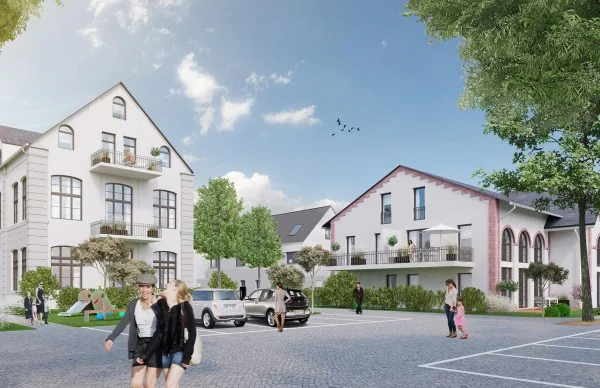 Sonniger Wohnhof mit modernen Häusern, Familien, Spielplatz und begrüntem Innenhof.