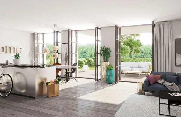 Modernes Wohnen mit offener Küche, Falttüren und Gartenblick.