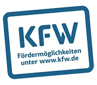 KfW Förderung Logo mit Hinweis auf Fördermöglichkeiten unter kfw.de.