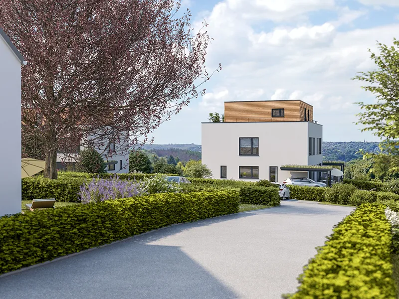 Modernes Kubushaus mit Holzfassade, Carport und gepflegter Gartenanlage an ruhiger Wohnstraße.