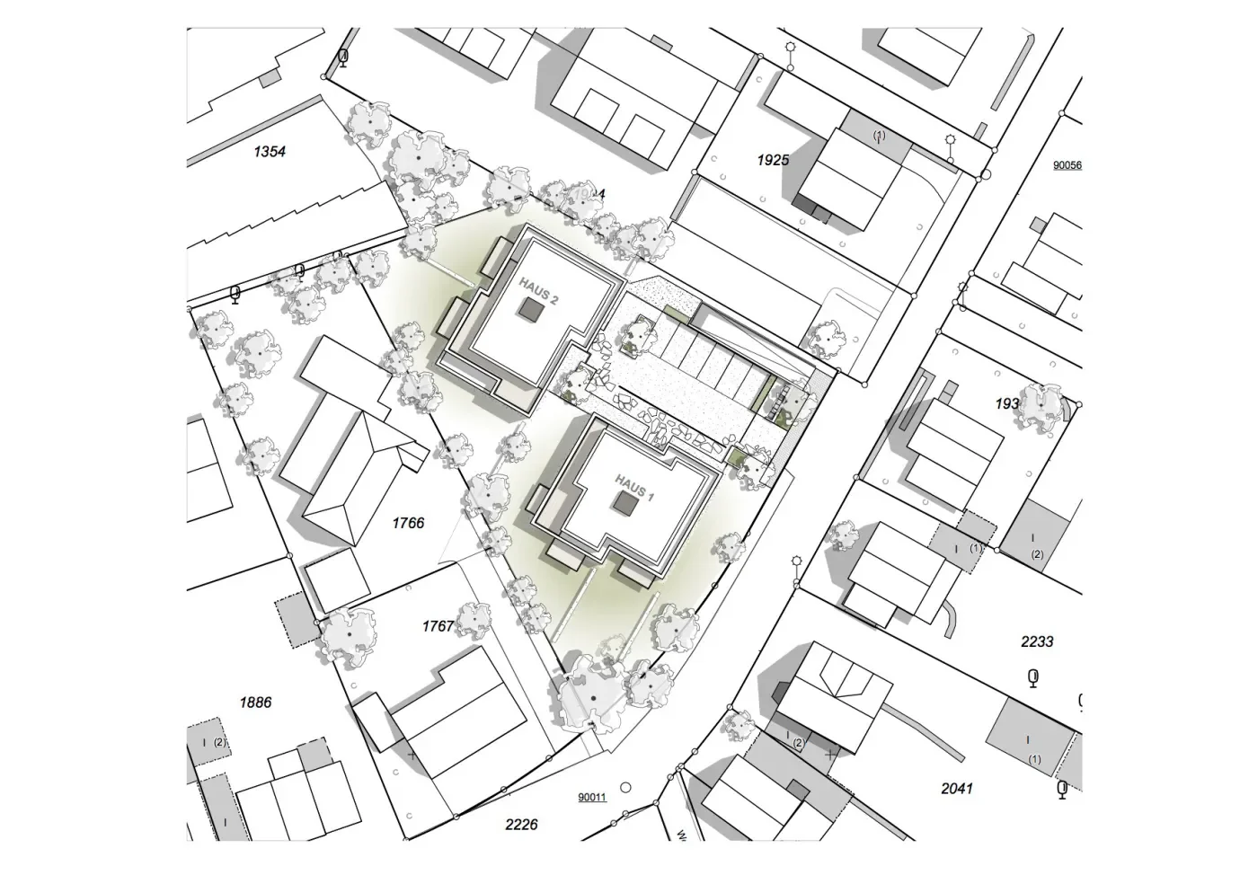 Lageplan Lohbuschpark mit Haus 1, Haus 2, Grünflächen, Parkplätzen und Grundstücksgrenzen.