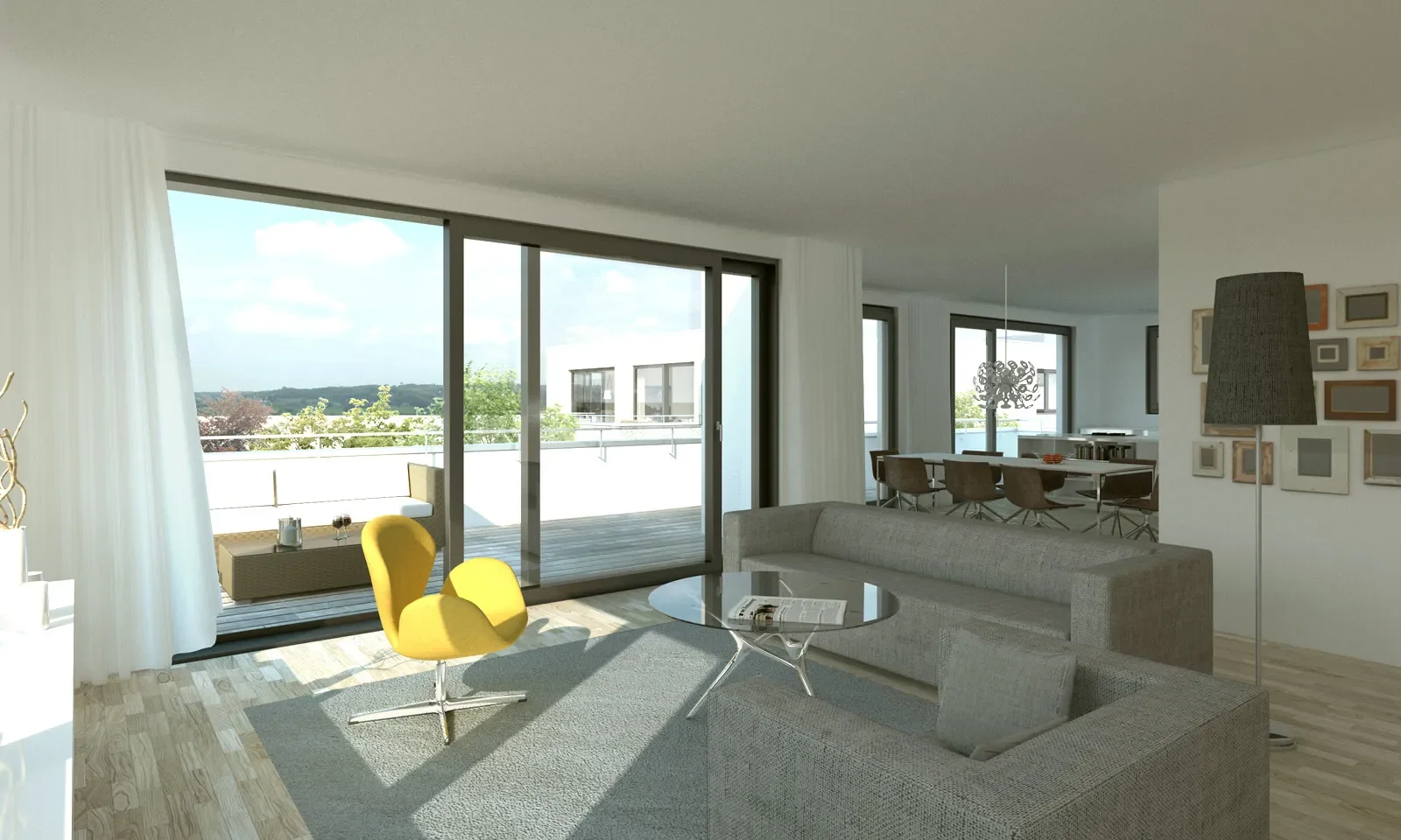 Modernes Wohnzimmer mit Balkon, gelbem Sessel, Glasfront und hellem Essbereich.