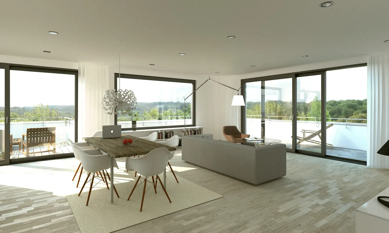 Helles Wohn-Esszimmer mit Balkon, bodentiefen Fenstern und moderner Einrichtung.