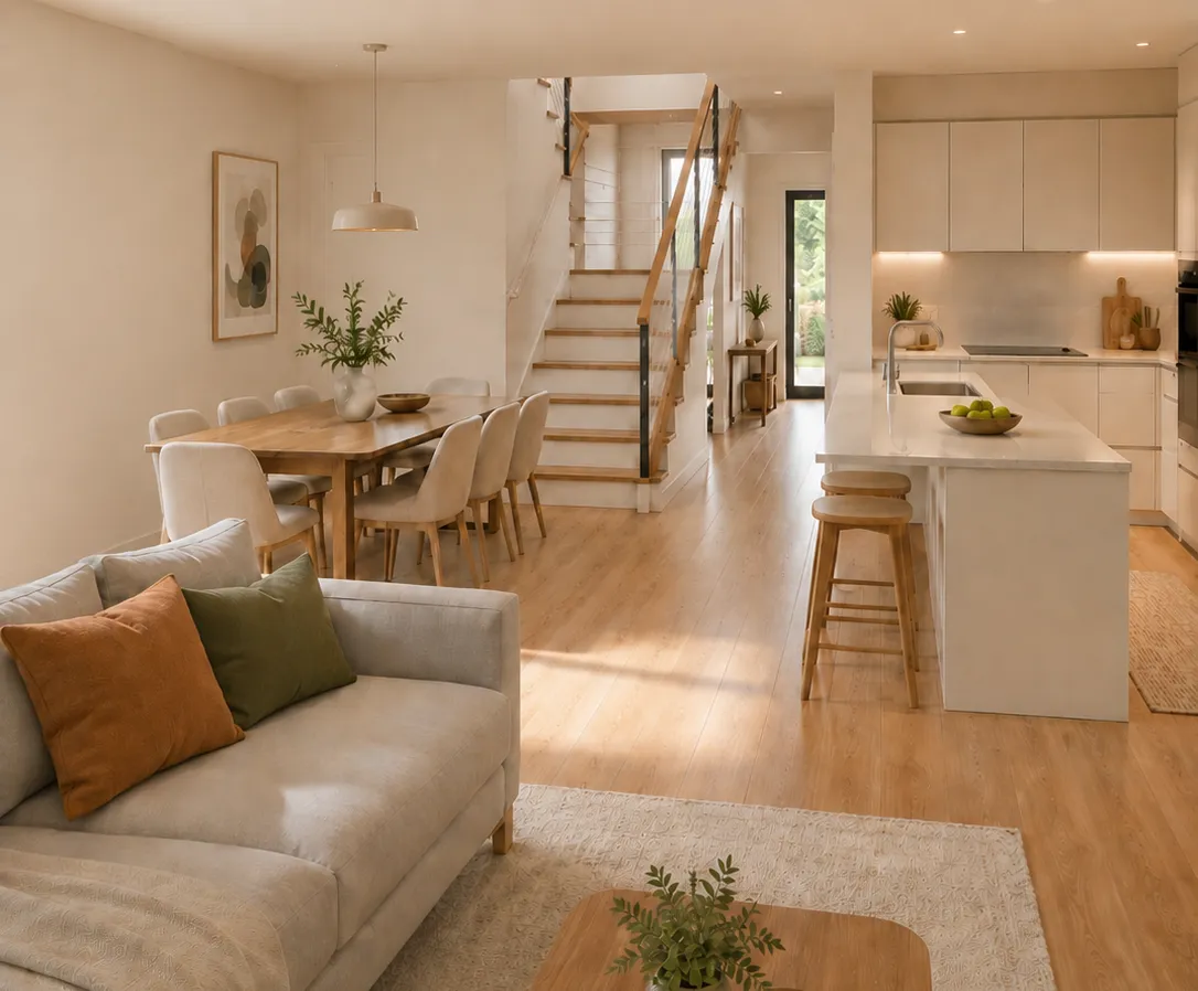 Modernes Massivholzhaus Erdgeschoss mit offenem Wohnbereich, Esszimmer, Treppe und Küche.