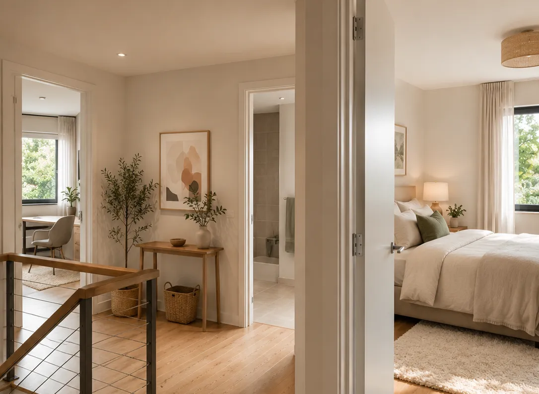 Erste Etage im Massivholzhaus mit hellem Flur, Homeoffice und Schlafzimmer.