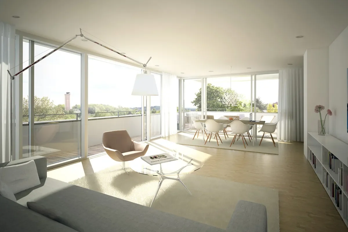 Modernes Wohn- und Esszimmer mit bodentiefen Fenstern, Balkon und skandinavischem Design.