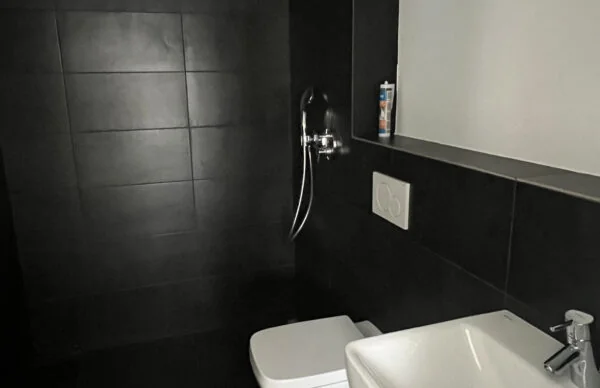 Modernes Bad mit schwarzen Fliesen, Waschtisch, WC und Dusche im Geschäftshaus Luisenstraße.