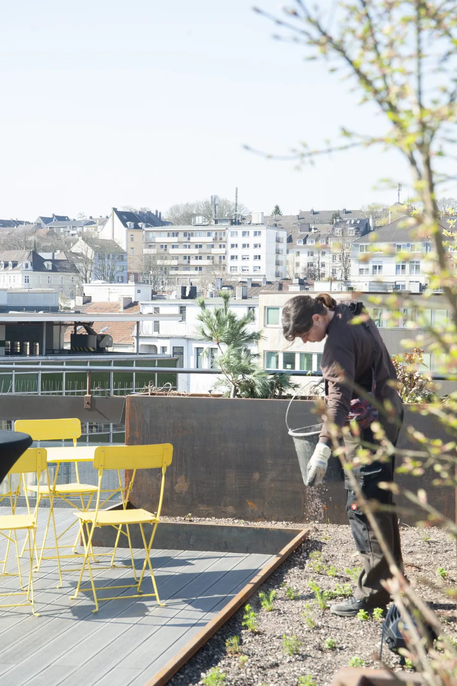 Urbaner Dachgarten mit Gärtnerin, gelben Gartenmöbeln und Skyline-Blick.