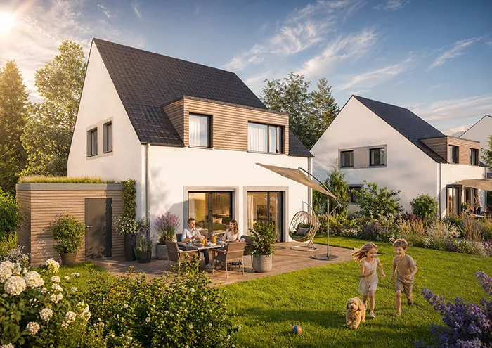 Moderne Doppelhäuser mit Garten, Terrasse und Familie in sonniger Neubausiedlung.